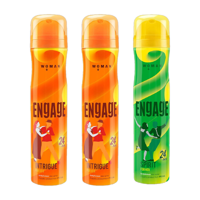 Engage Deo Combo 2 Intrigue for Her 150ml & 1 Spirit for Her 150ml Deodorant Spray - For Women(450 ml, Pack of 3)
