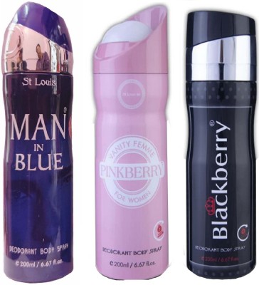 St. Louis 1 MAN IN BLUE ,1 BLACK BERRY, 1PINK BERRY DEODORANT, 200 ML EACH , PACK OF 3 . Perfume Body Spray  -  For Men & Women(600 ml, Pack of 3)