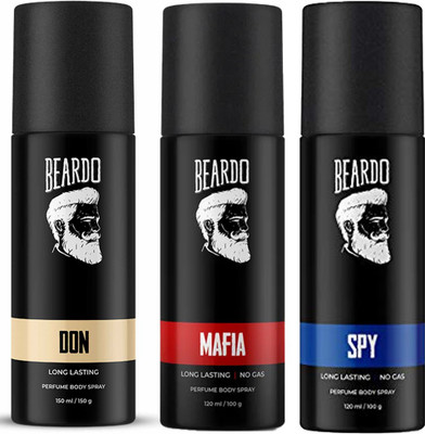 BEARDO Perfume Body Spray Trio (Mafia 120ml + Spy 120ml + Don 150ml ) Pack of 3 Perfume Body Spray – For Men (390 ml, Pack of 3)