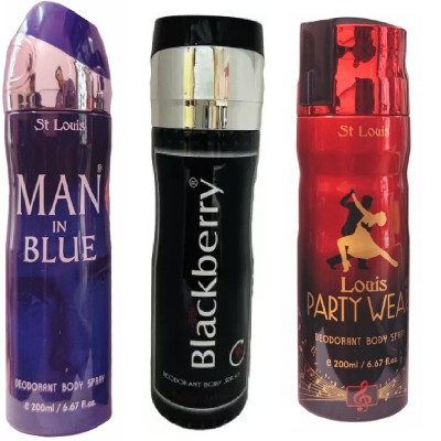 St. Louis 1 MAN IN BLUE 1BLACK BERRY 1 PARTY WEAR DEODORANT 200 ML EACH , PACK OF 3 . Perfume Body Spray  -  For Men & Women(600 ml, Pack of 3)