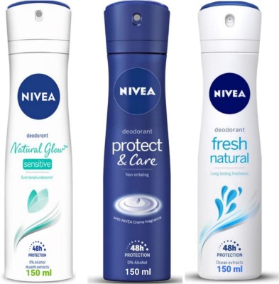 NIVEA Natural Glow Sensitive , Protect & Care Women and Fresh Natural Deodorant Spray  -  For Men & Women(150 ml, Pack of 3)