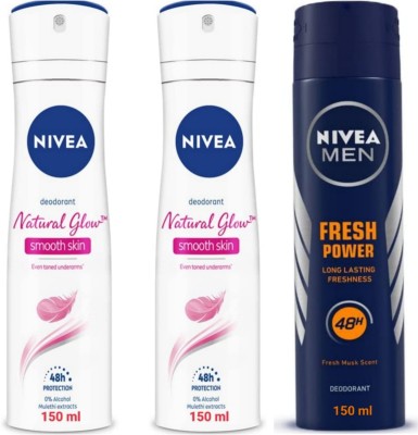 NIVEA Deo 150 ML - Natural Glow Smooth Skin Qty 2 & Fresh Power Qty 1 Body Spray  -  For Men & Women(150 ml, Pack of 3)