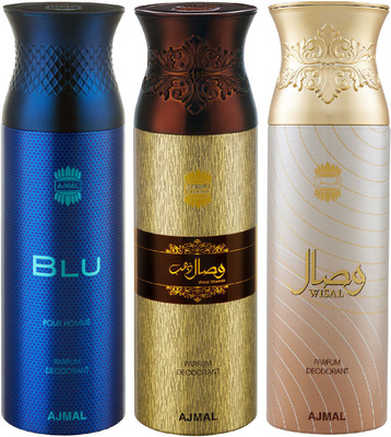 Ajmal Blu & Wisal Dahab & Wisal Each 200ML Deodorant Spray  -  For Men & Women(200 ml, Pack of 3)