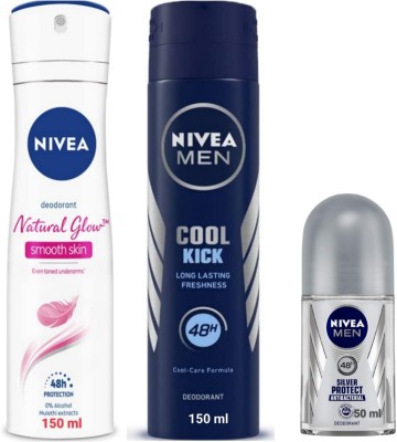 NIVEA Deo - NG Smooth Skin , Cool Kick & Silver Protect Roll On 50ML Deodorant Spray  -  For Men & Women(350 ml, Pack of 3)