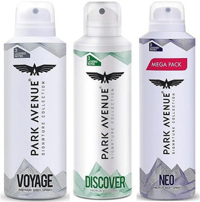 PARK AVENUE VOYAGE+DISCOVER+NEO 3PCS(250MRP)EACH. Body Spray  -  For Men & Women(450 ml, Pack of 3)