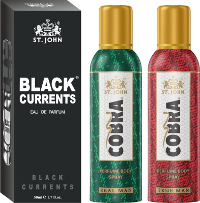 ST-JOHN Cobra No Gas Deodorant True Man, Real Man 100ml each & Black Current 50ml Combo Perfume Body Spray  -  For Men & Women(250 ml, Pack of 3)