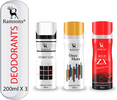 RAMSONS Secret Code, Once More and Red ZX Deodorant Combo Deodorant Spray  -  For Men & Women(600 ml, Pack of 3)