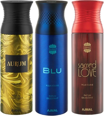 Ajmal Aurum & Blu & Sacred Love Each 200ML Deodorant Spray  -  For Men & Women(600 ml, Pack of 3)