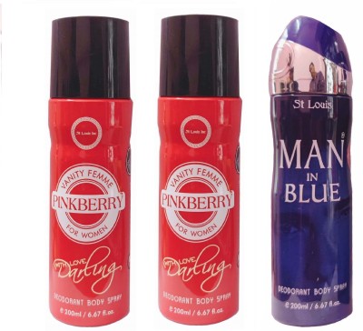 St. Louis 2 PINKBERRY DARLING,1 MAN IN BLUE DEODORANT ,200 ML EACH , PACK OF 3 . Perfume Body Spray  -  For Men & Women(600 ml, Pack of 3)