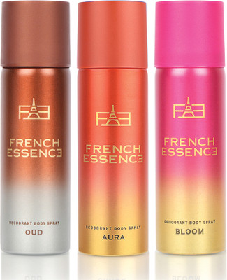 FRENCH ESSENCE Luxury Combo Pack Oud,Aura & Bloom (50ml Each) Long Lasting Fragrance Deo Deodorant Spray - For Women(150 ml, Pack of 3)