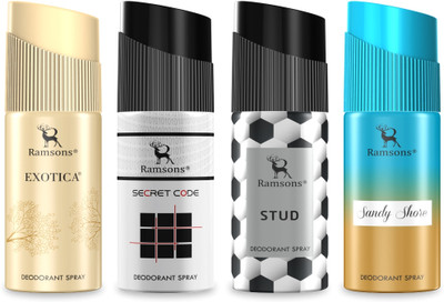 RAMSONS Exotica, Secret Code, Stud & Sandy Shore Deodorant Spray Combo Pack of 4 Deodorant Spray  -  For Men & Women(160 ml, Pack of 4)