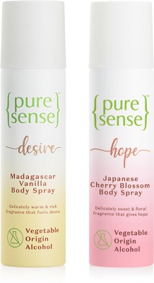 PureSense Body Spray Combo Japanese Cherry Blossom+ Madagascar Vanilla Long Lasting No Gas Deodorant Spray  -  For Men & Women(300 ml, Pack of 2)