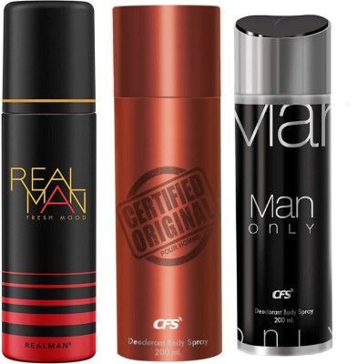 Real Man Spirit 150ML CERTIFIED ORIGINAL BROWN _ Man Only Black For Men 200ML Deodorant Spray  -  For Men & Women(550 ml, Pack of 3)