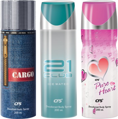 CFS Ice Water, Cargo Blue & Pure Heart Pink Deodorant Body Spray Long lasting Body Spray  -  For Men & Women(600 ml, Pack of 3)