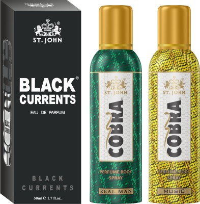 ST-JOHN Cobra No Gas Deodorant Music, Real Man 100ml each & Black Current 50ml Combo Perfume Body Spray  -  For Men & Women(250 ml, Pack of 3)