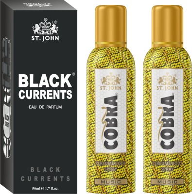 ST-JOHN Cobra Deodrant No Gas Music Pack of 2 100ml each & Black Current 50ml Combo Perfume Body Spray  -  For Men & Women(250 ml, Pack of 3)