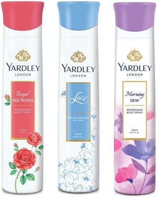 Yardley London Royal Red Roses Blue Lace Morning Dew 150ML Each (Pack of 3) Deodorant Spray  -  For Women(450 ml, Pack of 3)