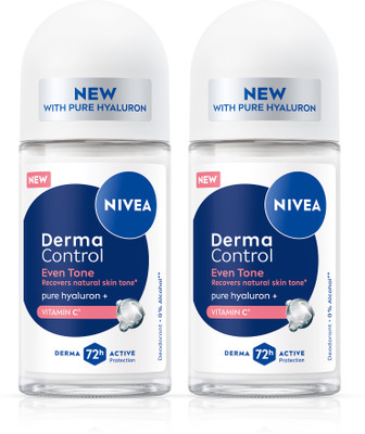 NIVEA Derma Control Eventone Roll On, 0% Alcohol, Pure Hyaluron & Vit C for Women Deodorant Roll-on - For Women(100 ml, Pack of 2)