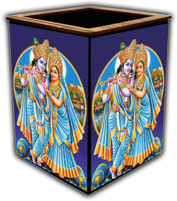 pnf 1 Compartments wooden Colourful Wooden Pen Stand with photo of Radha Krishna -20423(Multicolor)