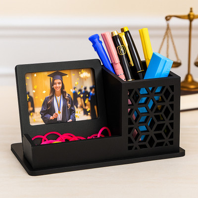 AJANTA ROYAL 3 Compartments MDF Wood Pen Stand(Black)