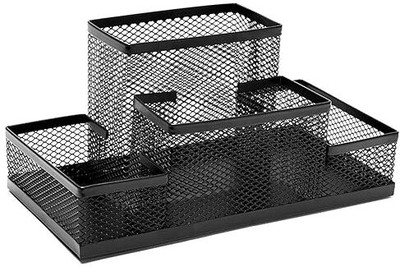 SkyFurnish 4 Compartments Metal Mesh Multi-Functional Metal Mesh Desk Organizer | Pen, Pencil & Stationery Holder(Black)