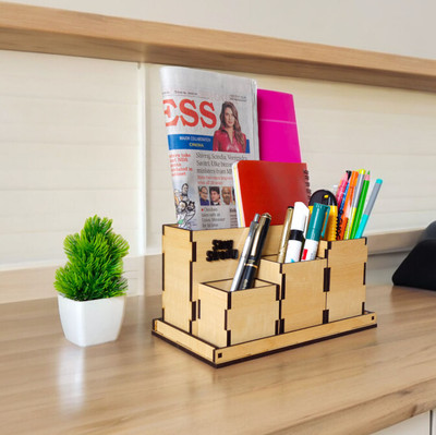 Giftingcare 4 Compartments Wooden Desk Organizer for Stationery items for Office Home desk | 4 Box 1 Tray(Maple)