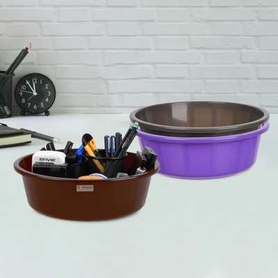 HOMESTIC by Kuber Industries 3 Compartments Plastic Desk Organizer(Purple & Gray & Brown)