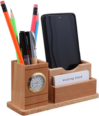 GENIYO 3 Compartments Pen Stand With Clock for Office Table with Business Card Holder Desk And Study Table Multipurpose Desk Organizer Aesthetic Accessories.(Beige)