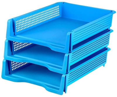 SOCHEP 3 Compartments Plastic File Holder File Organizer Plastic Multilayer Stackable A4 Filing Tray(Blue)