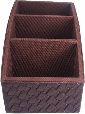 PREMSONS 3 Compartments Woven Design Artificial Leather Remote Holder with Different Pattern for Dining Room, Bedroom- Brown(Brown)