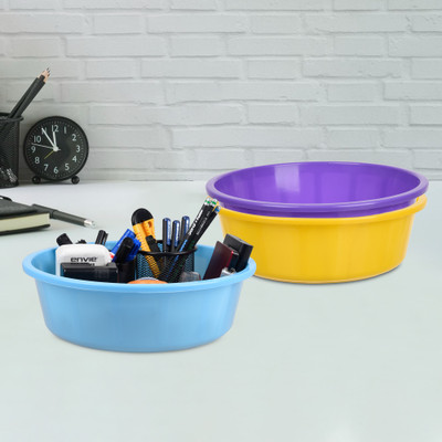 KUBER INDUSTRIES 3 Compartments Plastic Desk Organizer(Yellow & Purple & Sky Blue)