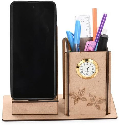 Somil 1 Compartments Wood Wooden Pen / Pencil Stand With Visiting Card & Mobile Holder For Desk Organizers(Brown)