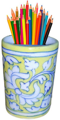 om craft villa 1 Compartments Ceramic Blue Art Pottery Decorative Pen/Pencil Holder (PENHOLDER-5)(Yellow)