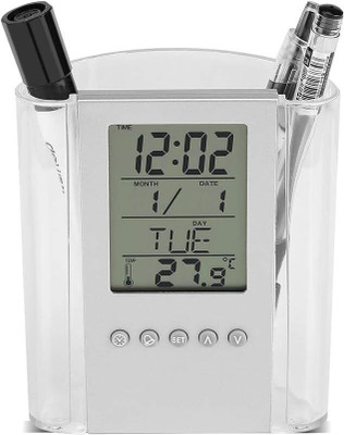 JAMBOREE 1 Compartments Plastic Digital Desk Clock with Pen Holder – Multifunctional LED Display Digital Desk Clock with Pen Holder(Silver)