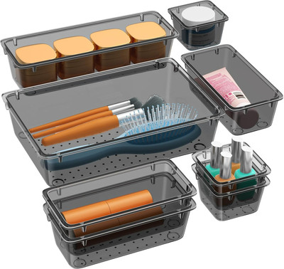 NIEBLA 8 Compartments Plastic Drawer organizers, Dressing Table Organizers & Make up Organizers(Black)