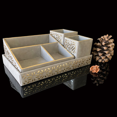 ADMIRE HOME 5 Compartments Leather Desk Set(Beige, Gold)