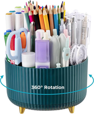 Lishonn 5 Compartments Plastic 360° Degree Rotating Multipurpose Desk Organiser For Pen, Mobile,Remote(Dark Green)