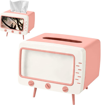 IndiRocks 1 Compartments Plastic Tissue Box Holder Retro TV Tissue Box Cover Cute and Practical Cell Phone Holder(Pink, White)