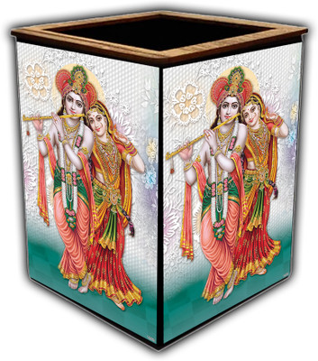 pnf 1 Compartments wooden Colourful Wooden Pen Stand with photo of Radha Krishna -12928(Multicolor)