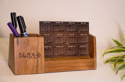 Olha-O 1 Compartments wooden Desk Organizer including slots of pens and other accessories(Brown)