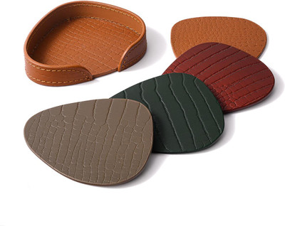 Three Sixty 1 Compartments Leather Multicolor Abstract Shape Coasters Set of 4(Tan)