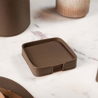 Three Sixty 1 Compartments Leather Square Coasters Set of 4 with Holder(TAUPE)