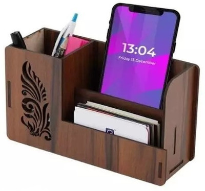 SAMWAX 1 Compartments Wood 3 Compartments 4 Line Wooden Pen Stand With Visiting Card & Mobile Holder(Broun)