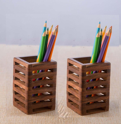 Wooden Mystique 2 Compartments Sheesham Wood Pen Stand Pencil Holder Set of 2 Wooden Pen Stand for Student & Office use(Brown)