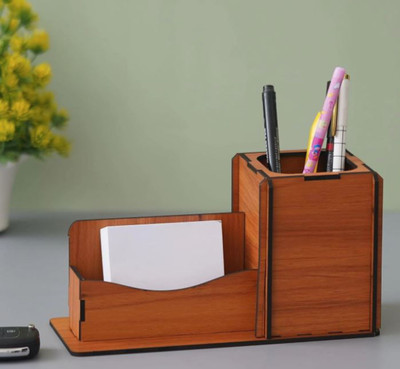 Radhya Creation 2 Compartments Wooden Stylish & Eco-Friendly Desk OrganizerPen/Pencils Holder -Visiting Card(Brown)