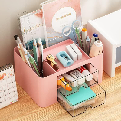 Kienlix 5 Compartments Plastic Multi-functional Desk Organiser with 5 Compartments & 2 Drawer Desktop Office(Pink)