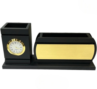 DivviK 2 Compartments Wooden Pen Stand &Desk Organizer with Desk Clock(Golden & Black)
