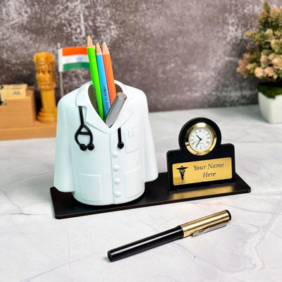 OCHHAV 1 Compartments Doctor Pen Stand | Customized Desk Organizer for Doctors and Medical Aspirants with Apron/Coat Shape Pencil Holder, Clock and Personalized Name Engraved Plate.(White, Black)