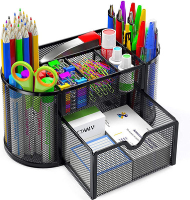 DUS 8 Compartments Metal Mesh Pen Pencil Holder/ Stand With Drawer For Storing Stationery, Clips, Pencil, For Home & Office Desk Organiser.(Black)