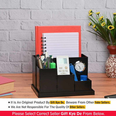 GIFT KYA DE 4 Compartments MDF Clock Desk Organizer | Storage Box | Remote & Pen Stand Office Stationary Stand(Black)